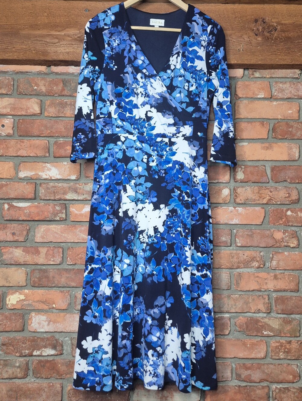 Laura Floral Midi Dress Faux Wrap Fit Flare Stretch Belted 3/4 Sleeve V Neck